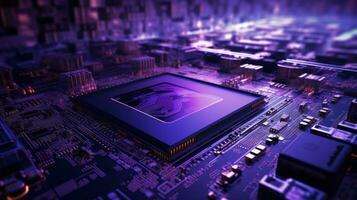Closed up of CPU on the circuit board with purple lighting. Technology, innovation and future concept.AI generated, Generative AI photo