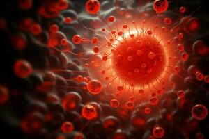 Microsopic of red virus bacteria attack blood cells .medical and science research concept.generative ai photo