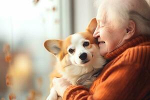 portrait of man and woman hugging cute corgi dog. pet concept photo