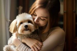 portrait of man and woman hugging cute dog. pet concept photo