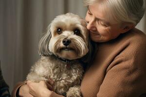 portrait of man and woman hugging cute shih tzu dog. pet concept photo