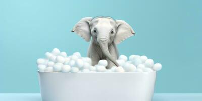 Minimalist Albino Elephant in a Bathtub of Soap Bubbles Against a Cyan Background. AI Generative photo