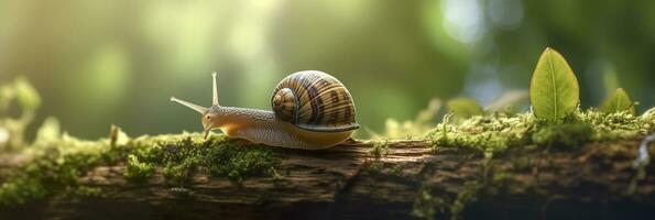 un viaje mediante el bosque. de cerca de un caracol en el bosque con natural antecedentes. ai generativo foto