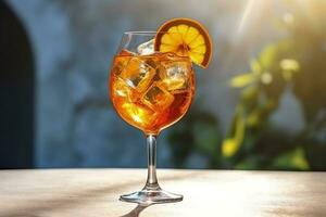 Aperol spritz summer drink in glass with shadows, tropical background. Generative AI photo