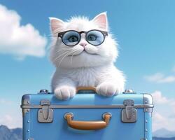 Cute cat on blue suitcase with sunglasses. AI Generative photo