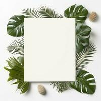 Frame with leaves.  Summer tropical leaves and blank frame with copy space on white background. Generative AI photo