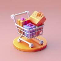 ligero naranja y rosado compras carro con regalo caja icono. ai generativo foto