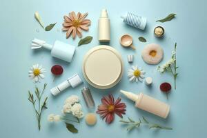 Fresh floral skincare concept. Top view flat lay of pump bottle, pipette, cream bottles, and tubes with flowers on pastel blue background with an empty circle for text or branding. AI Generative photo