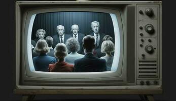 People crowd watching TV. TV addiction, propaganda and fake news concept. Generative AI photo