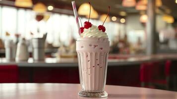 Cherry Milkshake in a Classic American Diner.  food photography concept. Generative AI photo