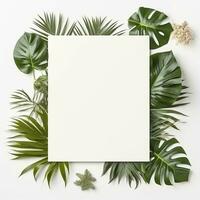 Frame with leaves.  Summer tropical leaves and blank frame with copy space on white background. Generative AI photo