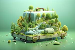 Surreal 3D Landscape Illustration of a Forest River with Luggage in Light Green and Light Blue. AI Generative photo
