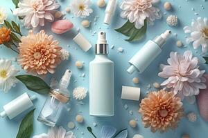 Fresh floral skincare concept. Top view flat lay of pump bottle, pipette, cream bottles, and tubes with flowers on pastel blue background with an empty circle for text or branding. AI Generative photo