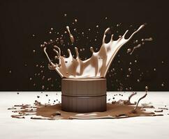 Chocolate splash with a podium, mockup background for milk product display, 3d. Generative AI photo