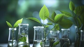 biotecnología concepto con verde planta hojas, laboratorio cristalería, y conductible investigación, ilustrando el poderoso combinación de naturaleza y Ciencias en médico avances ai generativo foto