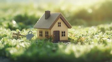 Copy space of home. Small model home on green grass with sunlight. AI Generative photo