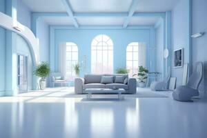 A professional and eye catching light blue with white living room in the metaverse.  AI Generative photo