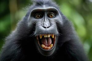 Celebes crested macaque with open mouth. Close up on the green natural background. Generative AI photo