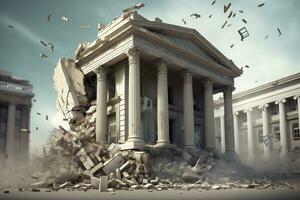 Bank collapse. A bank or financial institution, going down failing or collapsing. Generative AI photo