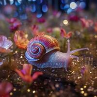 Iridescent Snail in a Fairy Forest, Close Up of a Shimmering Shell. AI Generative photo