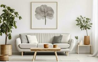 Boho open space interior in a cozy apartment with a design. Generative AI photo