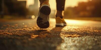 cerca arriba en el zapato, corredor atleta pies corriendo en el la carretera debajo luz de sol en el Mañana. ai generativo foto