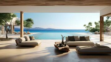 Sea view from the large living room of luxury summer beach house with swimming pool near terrace. Generative AI photo
