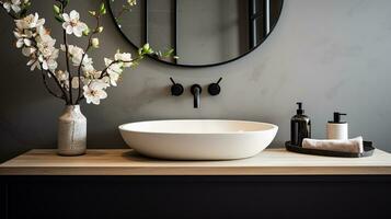 Close up chic bathroom with oval sink, empty countertop, wooden vanity, black framed mirror, flower and grey wall. Generative AI photo