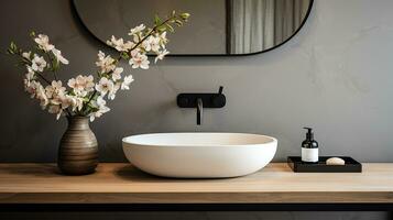 Close up chic bathroom with oval sink, empty countertop, wooden vanity, black framed mirror, flower and grey wall. Generative AI photo