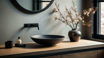 Close up chic bathroom with oval sink, empty countertop, wooden vanity, black framed mirror, flower and grey wall. Generative AI photo