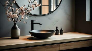 Close up chic bathroom with oval sink, empty countertop, wooden vanity, black framed mirror, flower and grey wall. Generative AI photo