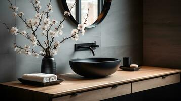 Close up chic bathroom with oval sink, empty countertop, wooden vanity, black framed mirror, flower and grey wall. Generative AI photo