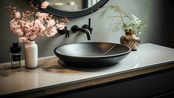 Close up chic bathroom with oval sink, empty countertop, wooden vanity, black framed mirror, flower and grey wall. Generative AI photo