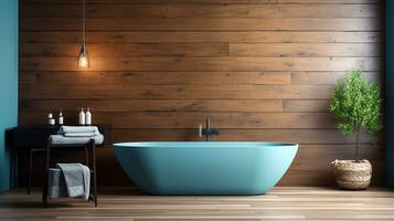 Comfortable bathtub and vanity with basin standing in modern bathroom with blue and wooden walls and wooden floor. Generative AI photo