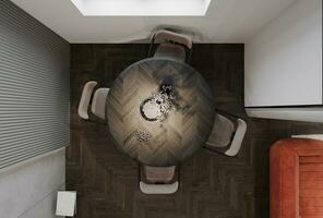 A top view of a dining table from a home where furniture are allocated 3D rendering photo