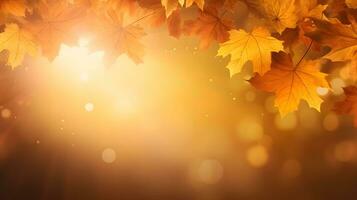 autumn background with maple leaves and sun shining through, Generative AI photo