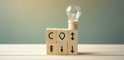 Creative idea, solution and innovation concept. Idea generation for business development. Wooden cube blocks with light bulb and cycle icons on clean background and copy space. AI Generative photo