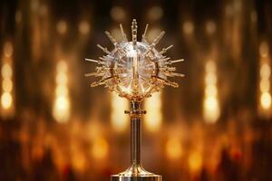 The golden monstrance with a little transparent crystal center, consecrated host. church defocused background. AI Generative photo