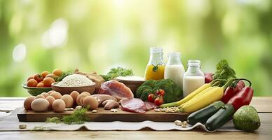 Closeup of vegetables, fruits, and meat on wooden table over green natural background. Generative AI photo