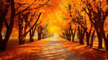 un la carretera es forrado con naranja hojas en el otoño, otoño ver en naturaleza, generativo ai foto