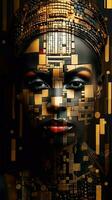 the art of beautifying the body. african american beauty with graphic golden pattern on her face and body. body painting with ethnic motifs and ornament.Banner or poster photo