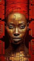 the art of beautifying the body. african american beauty with graphic golden pattern on her face and body. body painting with ethnic motifs and ornament.Banner or poster photo