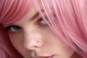 close-up of a young woman with pink-dyed hair. beauty salon social media content photo