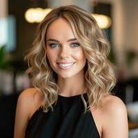 portrait of a young smiling woman with blond hair and hairstyle. Content for beauty salons on social networks. photo