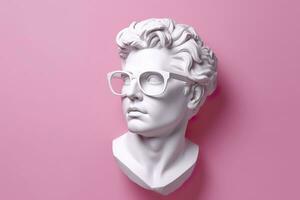 The head of a white mythological statue with fashionable pink glasses on his eyes, frame in profile. AI Generative photo