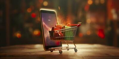 E-Commerce Shopping Cart with Multiple Products. A Sunlit Abstract Background. E-commerce concept. AI Generative photo