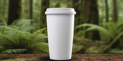 Blank white coffee cup mockup. Generative AI photo