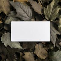 Blank business card on green leaves background. Generative AI photo