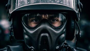 portrait of a policeman in full gear on the street. combating protests and riots photo