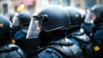 policía en lleno engranaje en el calle. policía en cascos, cascos y a prueba de balas chalecos lucha protestas y disturbios foto